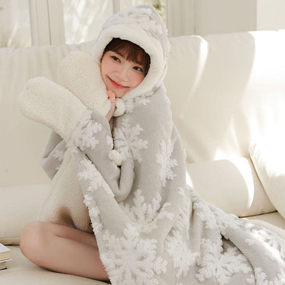 Fleece-Schaldecke mit Kapuze und Handschuhen im Schneeflocken-Design