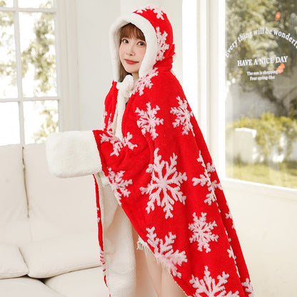 Fleece-Schaldecke mit Kapuze und Handschuhen im Schneeflocken-Design