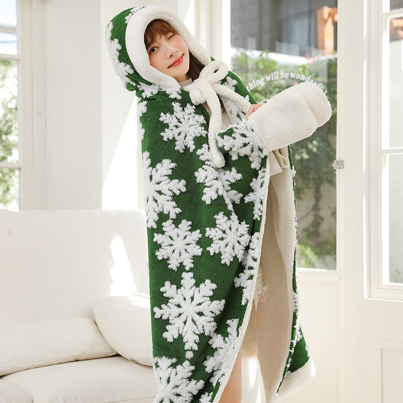 Fleece-Schaldecke mit Kapuze und Handschuhen im Schneeflocken-Design