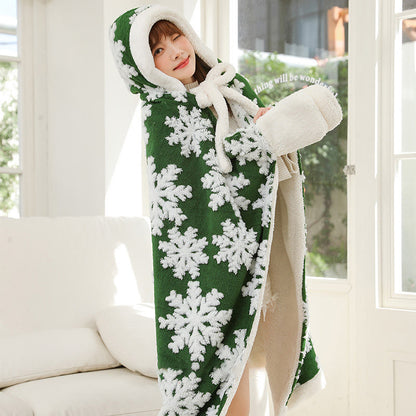 Fleece-Schaldecke mit Kapuze und Handschuhen im Schneeflocken-Design