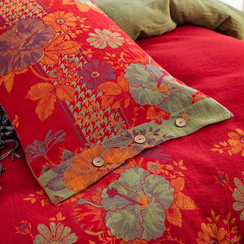 Bettwäsche-Sets aus reiner Baumwolle mit Blumenmuster und Knöpfen (4-teilig)