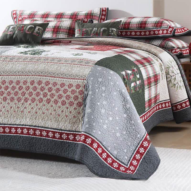 Weihnachts-Patchwork-Bettwäscheset aus gesteppter Baumwolle (3-teilig)