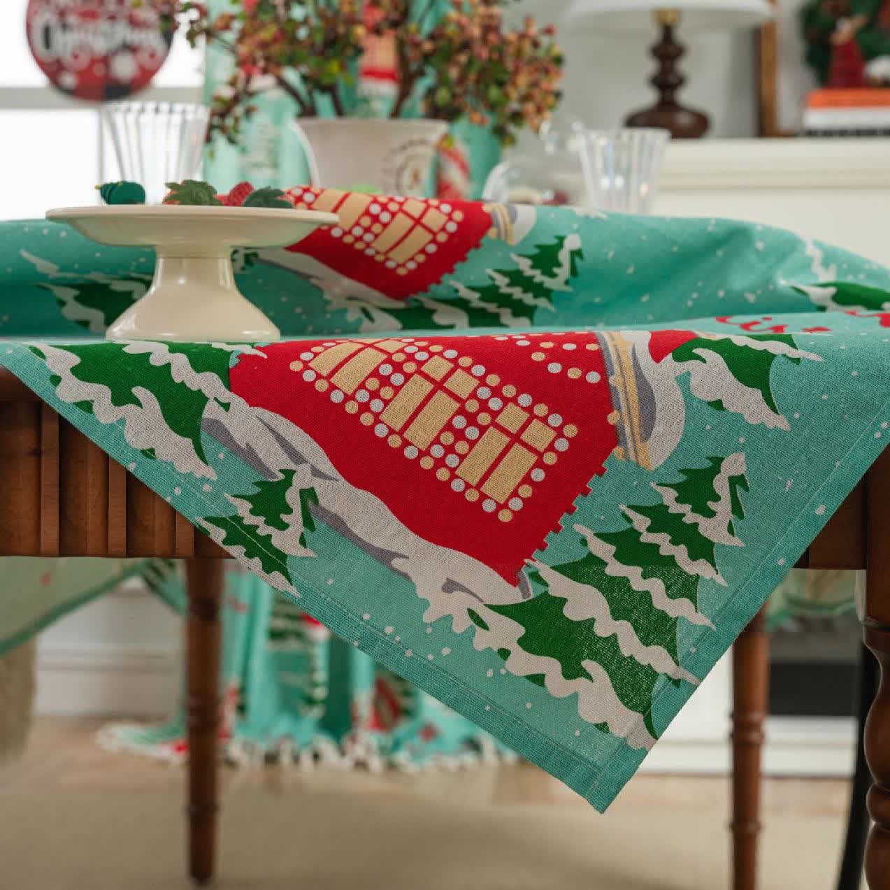 Tischdecke aus Baumwollleinen mit der Aufschrift „Frohe Weihnachten“
