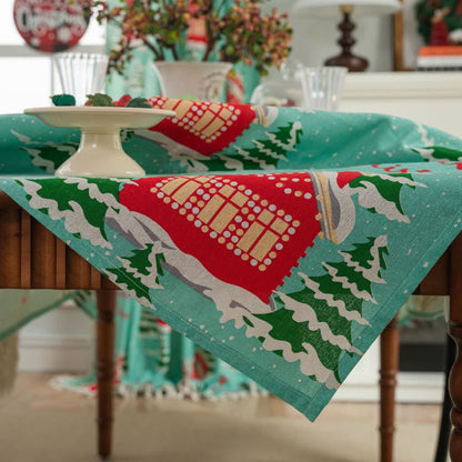 Tischdecke aus Baumwollleinen mit der Aufschrift „Frohe Weihnachten“