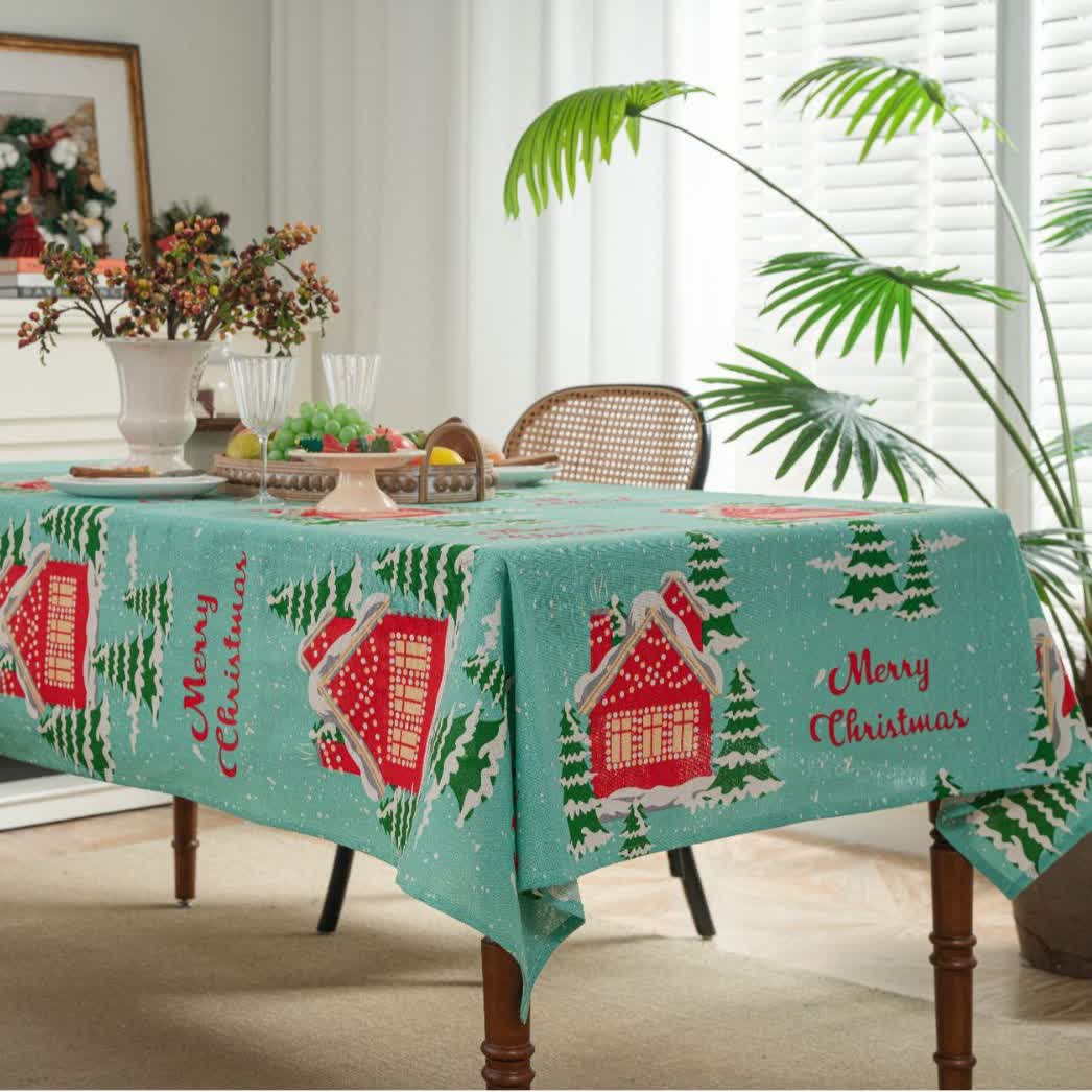 Tischdecke aus Baumwollleinen mit der Aufschrift „Frohe Weihnachten“