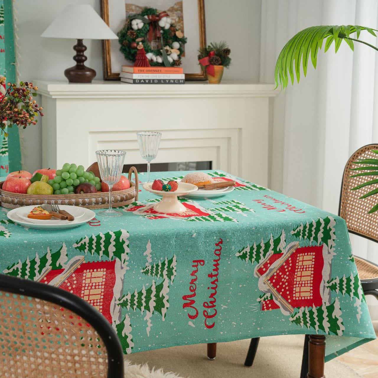 Tischdecke aus Baumwollleinen mit der Aufschrift „Frohe Weihnachten“