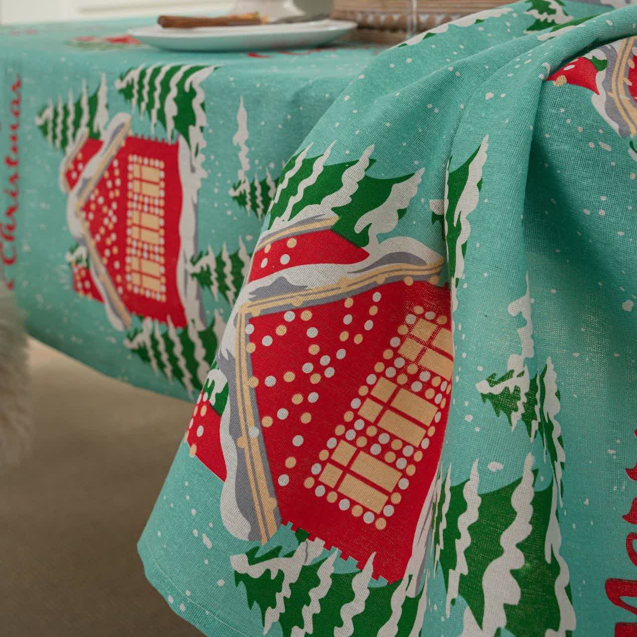 Tischdecke aus Baumwollleinen mit der Aufschrift „Frohe Weihnachten“