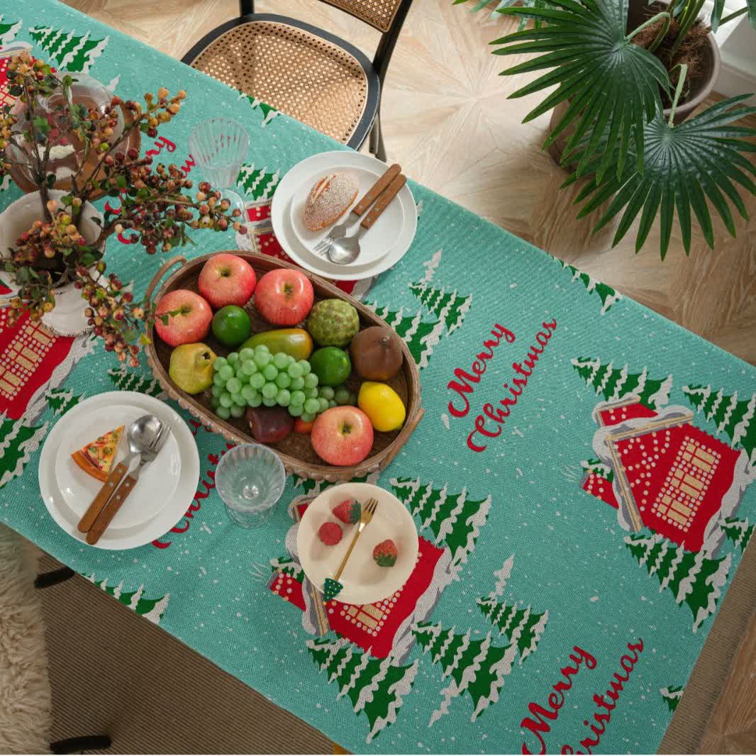 Tischdecke aus Baumwollleinen mit der Aufschrift „Frohe Weihnachten“