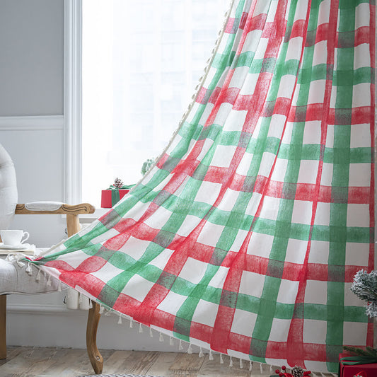 Halbschattierender Weihnachtsvorhang aus Baumwolle mit Karomuster