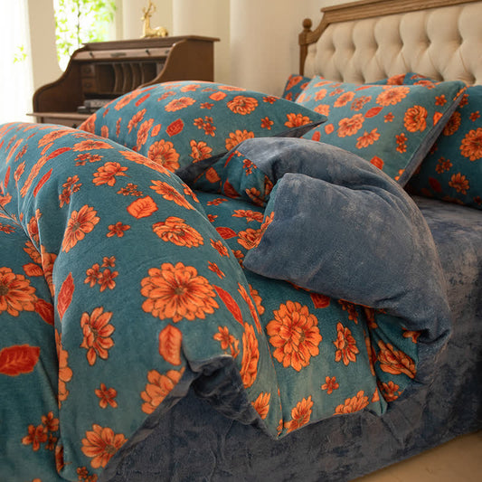 Elegantes, bequemes Samt-Bettwäscheset mit Blumenmuster (4-teilig)