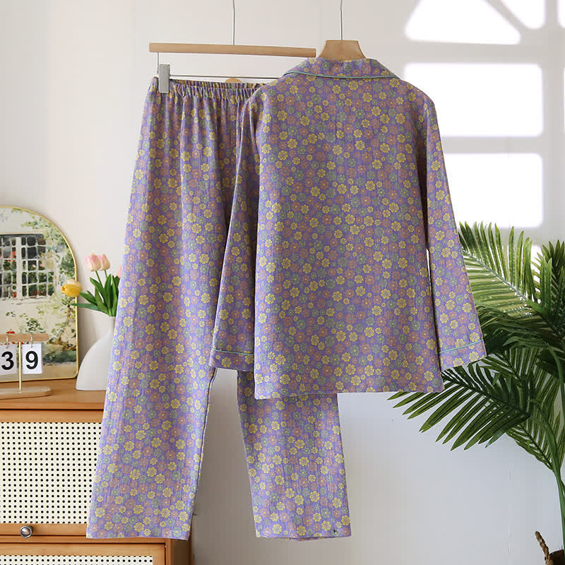 Jacquard-Pyjama-Set aus Baumwolle mit blühenden Blumen