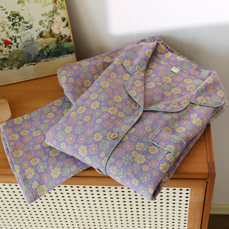Jacquard-Pyjama-Set aus Baumwolle mit blühenden Blumen