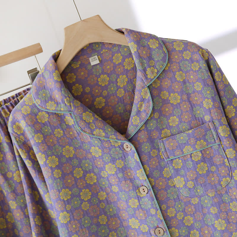 Jacquard-Pyjama-Set aus Baumwolle mit blühenden Blumen