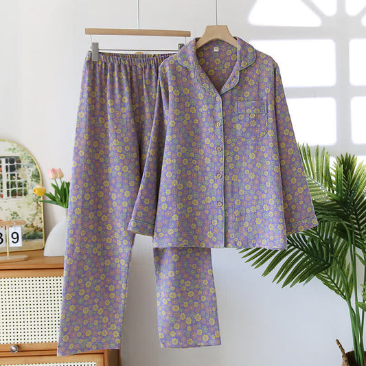 Jacquard-Pyjama-Set aus Baumwolle mit blühenden Blumen