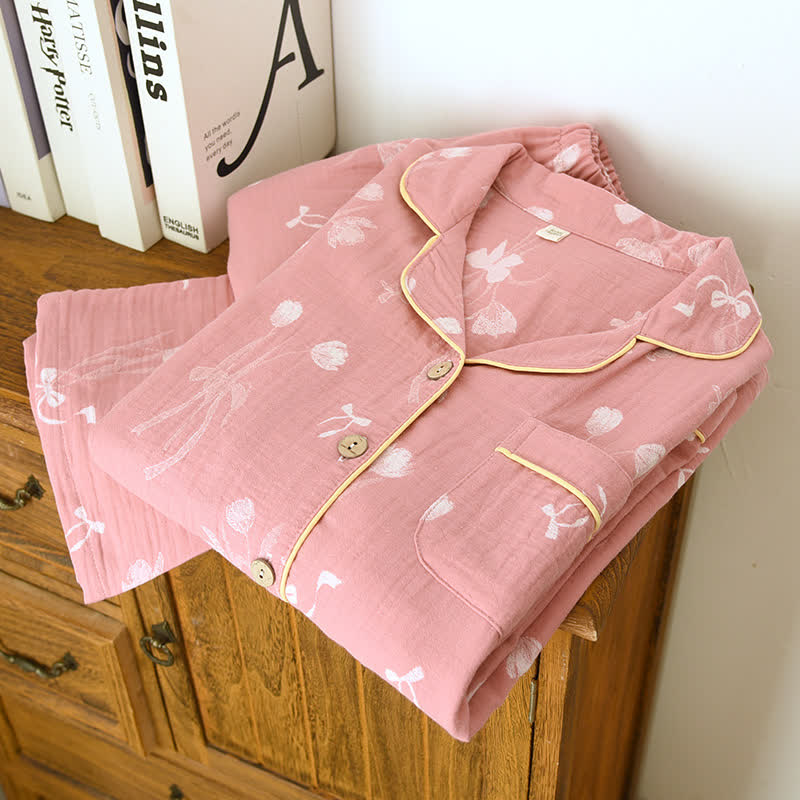 Pyjama-Set aus Baumwollgaze mit Schleife und Tulpenmotiv