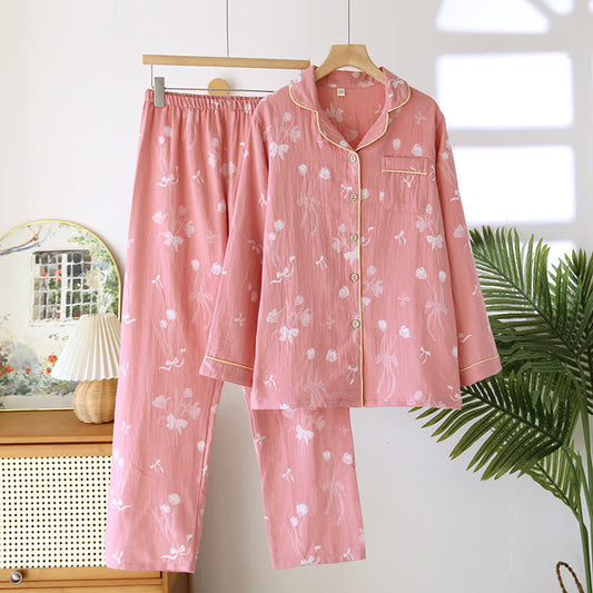 Pyjama-Set aus Baumwollgaze mit Schleife und Tulpenmotiv