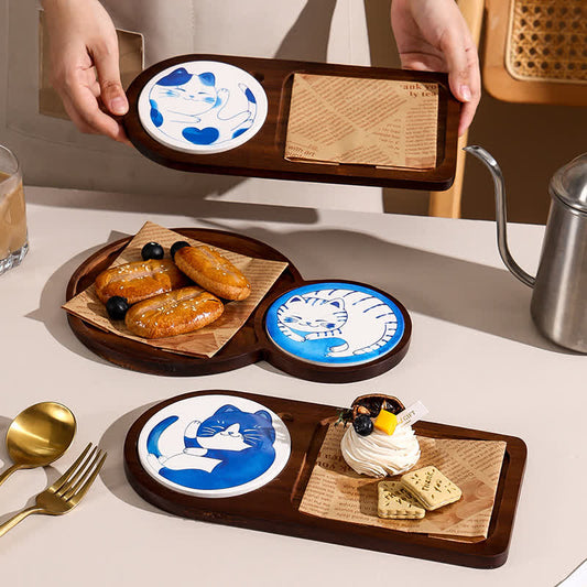 Süßes Frühstücks-Snacktablett aus Holz mit Katze