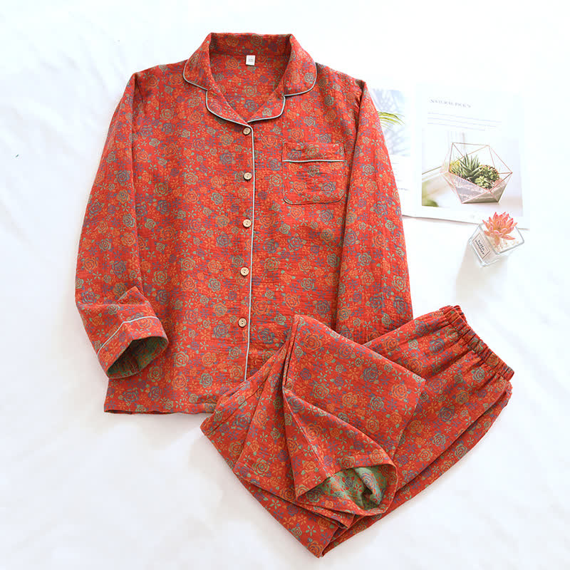 Nachtwäsche-Set aus Baumwolle mit Rosenblüten-Revers