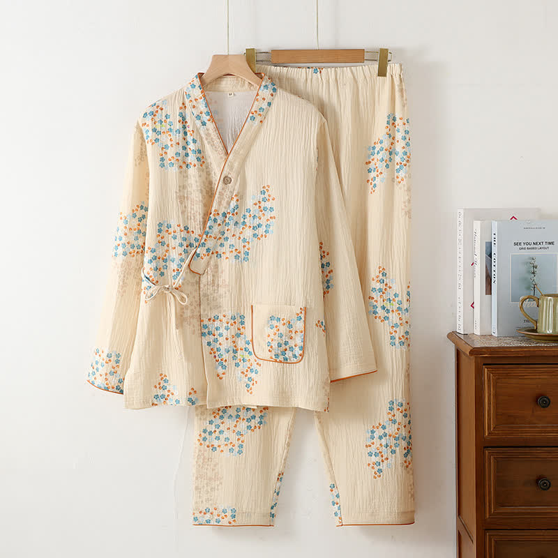 Langärmliges Pyjama-Set aus Baumwollkimono mit Blumenmuster