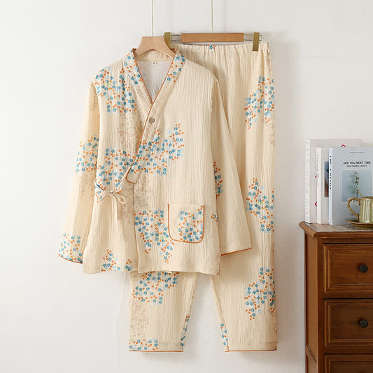 Langärmliges Pyjama-Set aus Baumwollkimono mit Blumenmuster