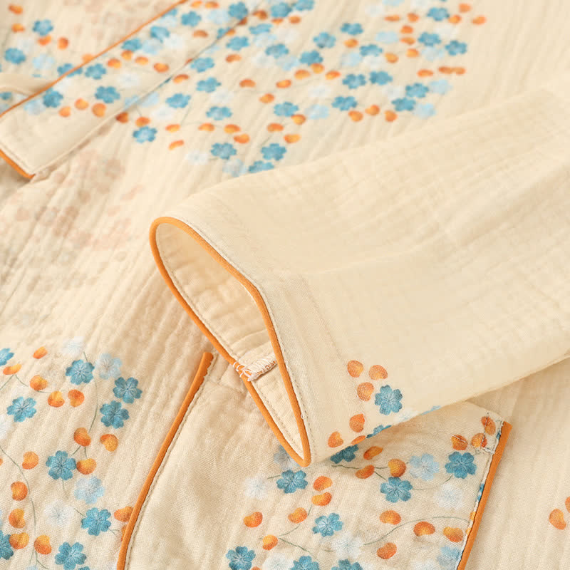 Langärmliges Pyjama-Set aus Baumwollkimono mit Blumenmuster