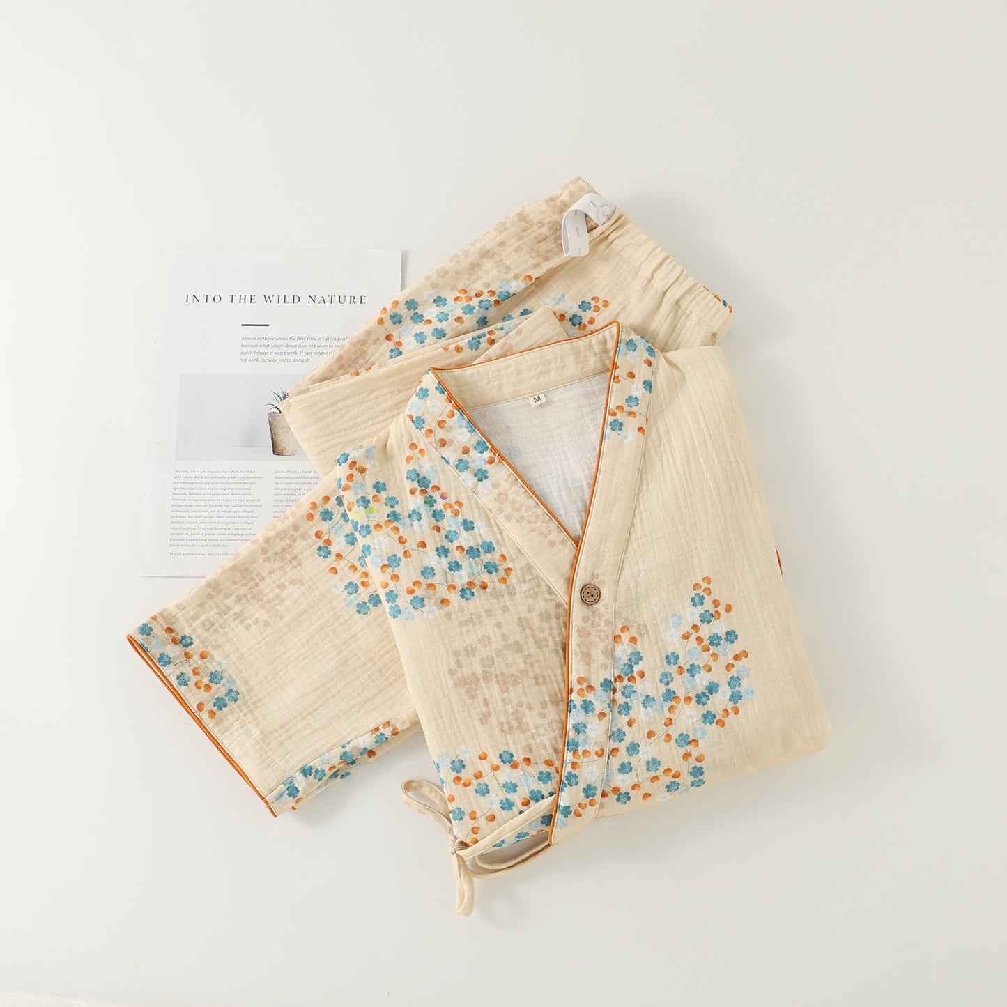 Langärmliges Pyjama-Set aus Baumwollkimono mit Blumenmuster