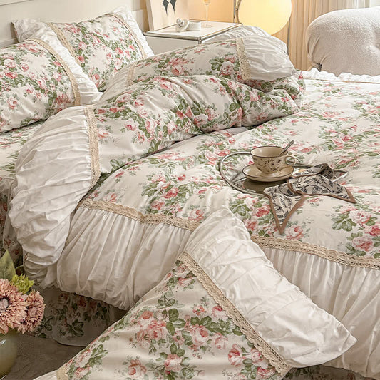 Elegantes Bettvolant-Bettwäscheset mit Blumenmuster (4-teilig)