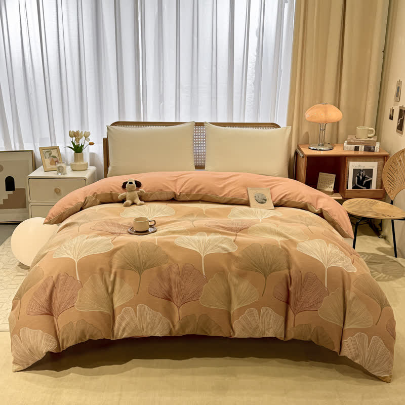 Bettwäsche aus gebürsteter Baumwolle im Vintage-Stil mit Ginkgoblättern