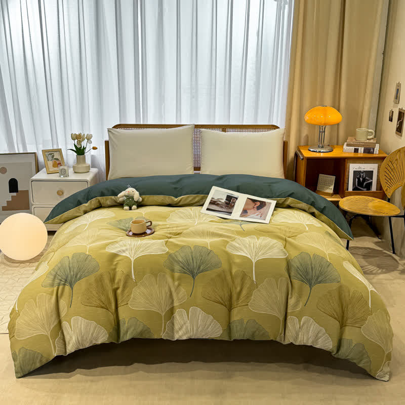 Bettwäsche aus gebürsteter Baumwolle im Vintage-Stil mit Ginkgoblättern