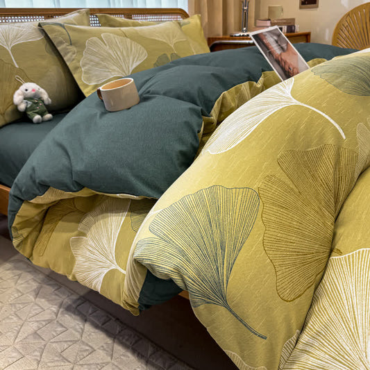 Bettwäsche aus gebürsteter Baumwolle im Vintage-Stil mit Ginkgoblättern