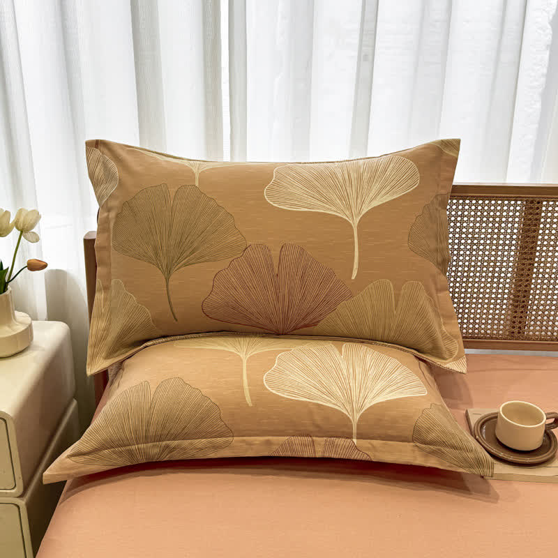 Bettwäsche aus gebürsteter Baumwolle im Vintage-Stil mit Ginkgoblättern