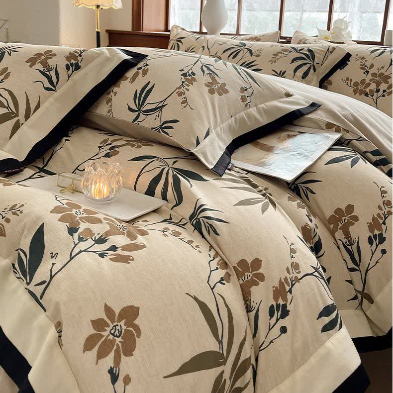Bettwäscheset mit Blumenmuster aus gebürsteter Baumwolle (4-teilig)