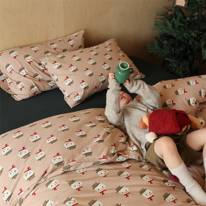 Weihnachts-Bettwäscheset aus Baumwolle mit Schneemannmotiv (4-teilig)