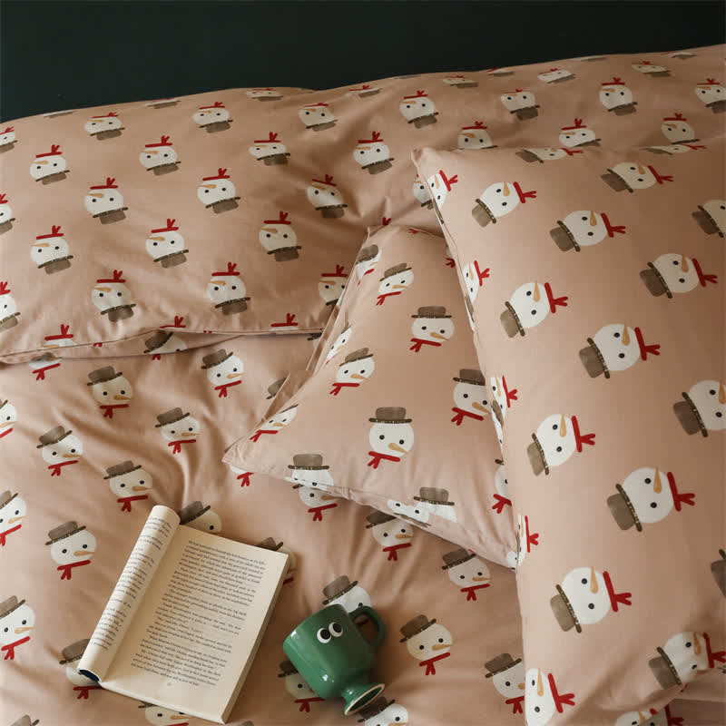 Weihnachts-Bettwäscheset aus Baumwolle mit Schneemannmotiv (4-teilig)