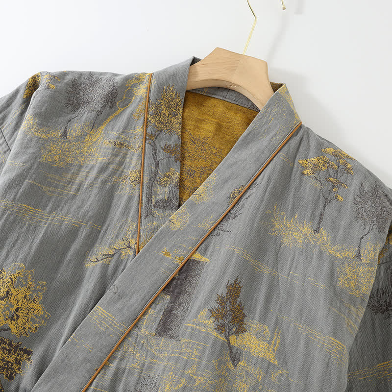 Neutrales Kimono-Pyjama-Set aus Baumwolle mit Landschaftsmotiv