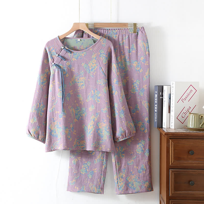 Pyjama-Set aus Baumwolle mit Blumenmuster, Vogel und Frosch