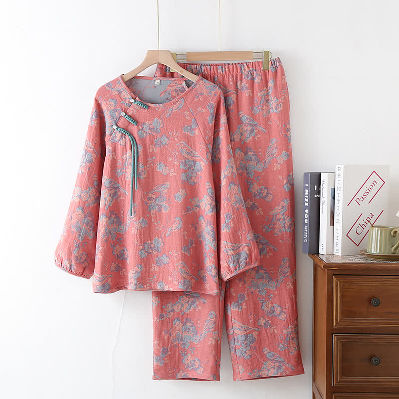Pyjama-Set aus Baumwolle mit Blumenmuster, Vogel und Frosch