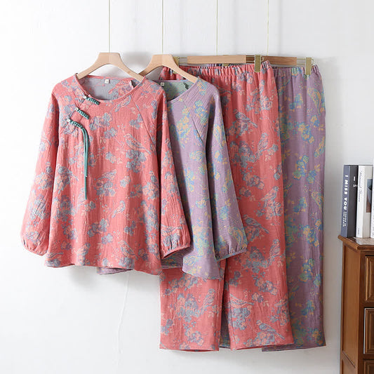 Pyjama-Set aus Baumwolle mit Blumenmuster, Vogel und Frosch