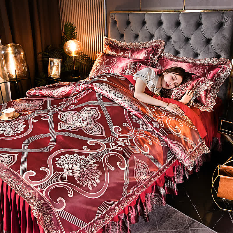 Bettwäscheset mit Satin-Jacquard-Bettrock (4-teilig)