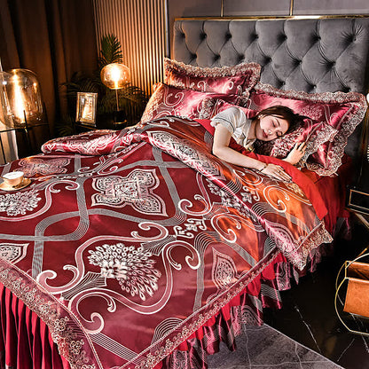 Bettwäscheset mit Satin-Jacquard-Bettrock (4-teilig)