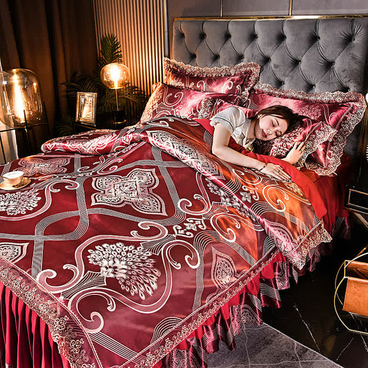 Bettwäscheset mit Satin-Jacquard-Bettrock (4-teilig)