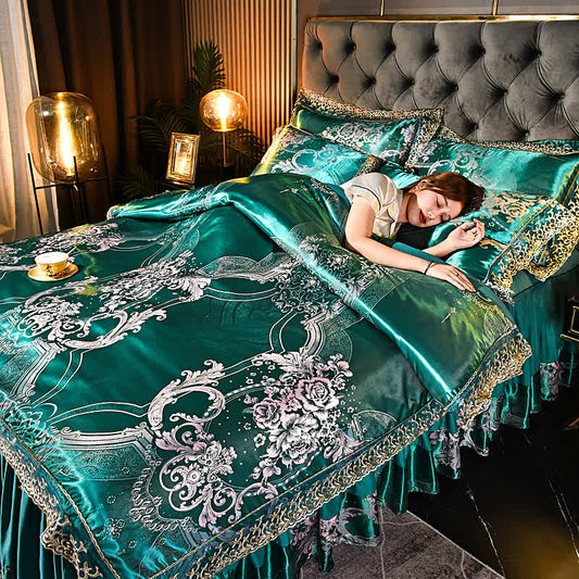 Bettwäscheset mit Satin-Bettrock und Blumenmuster (4-teilig)