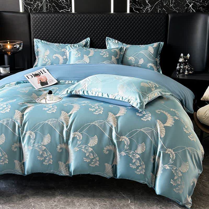 Elegantes Satin-Bettwäscheset mit Ginkgoblättern (4-teilig)