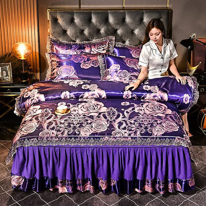 Satin-Bettwäscheset mit floralem Spitzenrand (4-teilig)