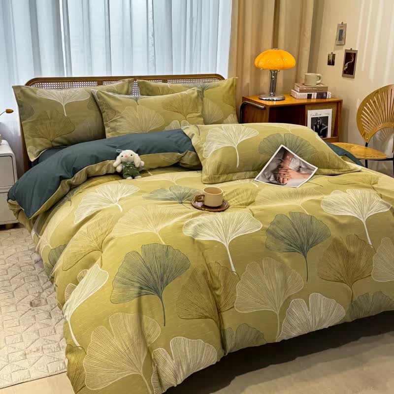 Bettwäsche aus gebürsteter Baumwolle im Vintage-Stil mit Ginkgoblättern