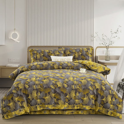 Baumwoll-Bettwäscheset mit Ginkgoblättern und Knöpfen (4-teilig)