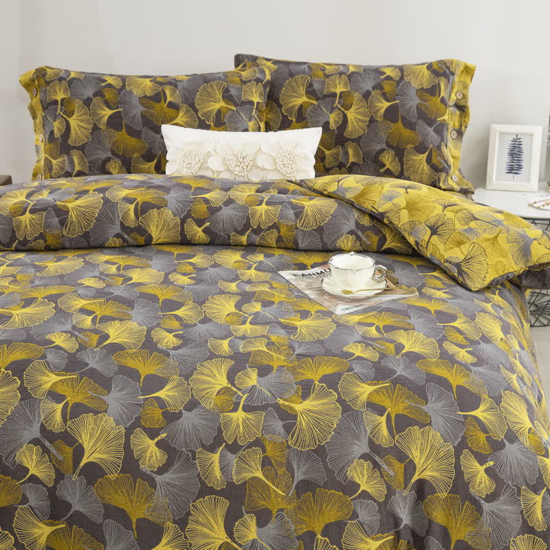 Baumwoll-Bettwäscheset mit Ginkgoblättern und Knöpfen (4-teilig)
