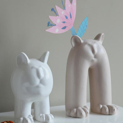 Cremefarbene Keramikvase mit Katzenmotiv