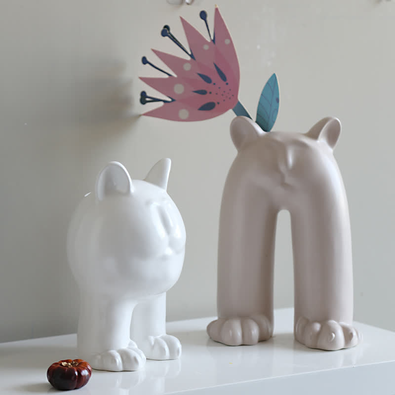 Cremefarbene Keramikvase mit Katzenmotiv