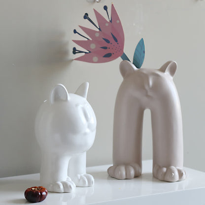 Cremefarbene Keramikvase mit Katzenmotiv